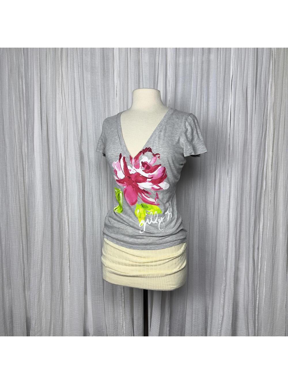 Y2K Preppy Basic Floral Graphic V-Neck Tee (M)
